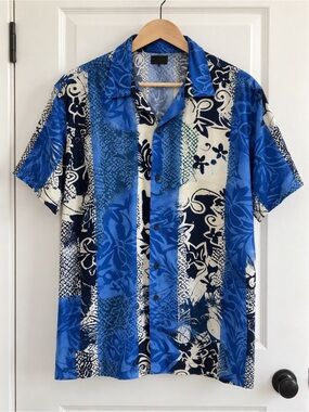 Jams World Blue Floral Hawaiian Shirt size Large